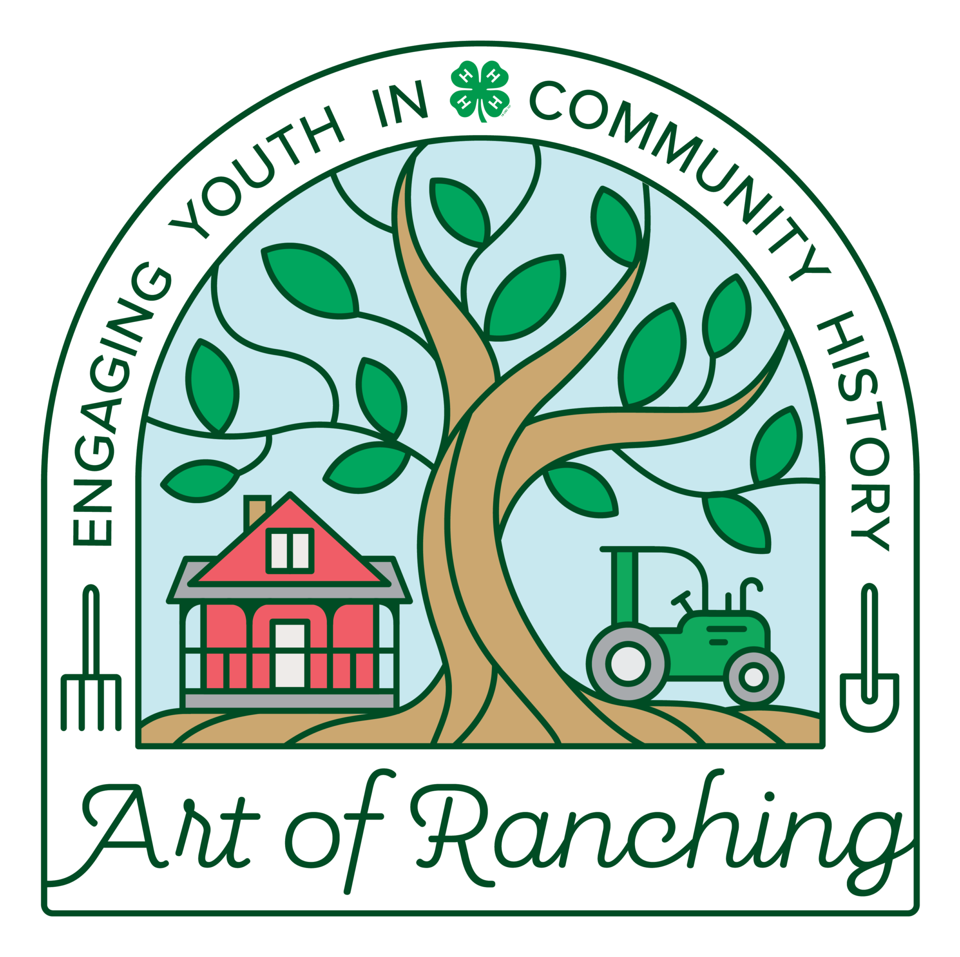 Art of Ranching logo with tree and swirling branches above a red barn and green tractor